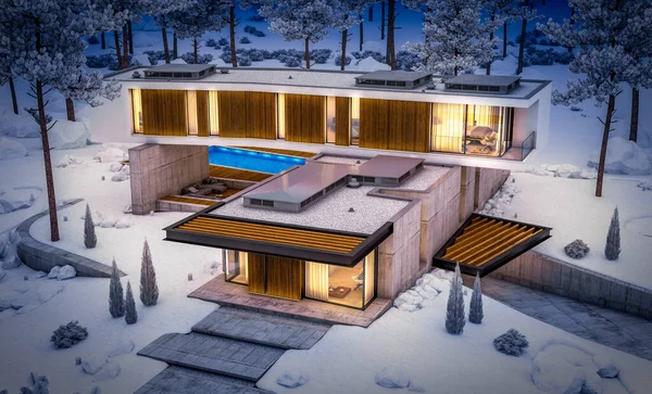 3d rendering of modern cozy house on the hill with garage and pool for sale or rent with beautiful snow landscaping on background. Cool winter night with cozy light inside.