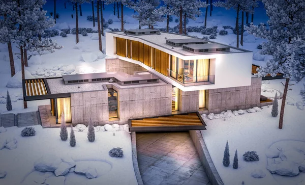 3d rendering of modern cozy house on the hill with garage and pool for sale or rent with beautiful snow landscaping on background. Cool winter night with cozy light inside.