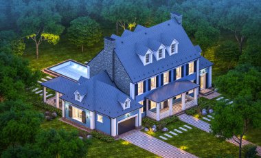 Arka planda güzel peyzajlı, garajı ve havuzu satılık ya da kirası olan koloni tarzında modern konforlu klasik evin 3D görüntüsü. Gökyüzünde bir sürü yıldızla berrak bir yaz gecesi.