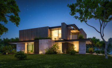 Park yeri ve havuzu satılık ya da kiralık, ahşap ön cepheli ve arka planda güzel peyzajlı modern konforlu bir ev. Gökyüzünde bir sürü yıldızla berrak bir yaz gecesi.