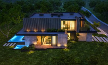 Park yeri ve havuzu satılık ya da kiralık, ahşap ön cepheli ve arka planda güzel peyzajlı modern konforlu bir ev. Gökyüzünde bir sürü yıldızla berrak bir yaz gecesi.