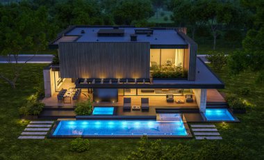 Park yeri ve havuzu satılık ya da kiralık, ahşap ön cepheli ve arka planda güzel peyzajlı modern konforlu bir ev. Gökyüzünde bir sürü yıldızla berrak bir yaz gecesi.