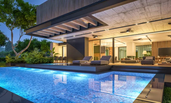 Rendering Modern Rumah Nyaman Dengan Parkir Dan Kolam Untuk Dijual — Stok Foto