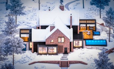 Garaj ve havuz satılık veya arka planda güzel peyzaj ile kiralık havuzlarda modern rahat klinker evin 3d render. Serin kış gecesi içinde sıcak rahat ışık ile.