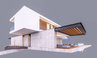 Pencereden rahat ışık ile akşam satılık veya kiralık garaj ve havuz ile tepede modern rahat evin 3d render. Gri üzerinde yalıtılmış