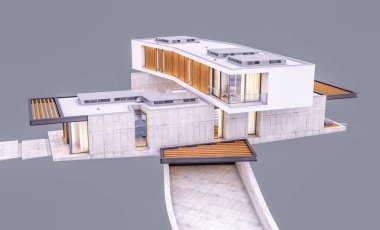 Pencereden rahat ışık ile akşam satılık veya kiralık garaj ve havuz ile tepede modern rahat evin 3d render. Gri üzerinde yalıtılmış