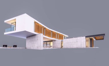 Pencereden rahat ışık ile akşam satılık veya kiralık garaj ve havuz ile tepede modern rahat evin 3d render. Gri üzerinde yalıtılmış