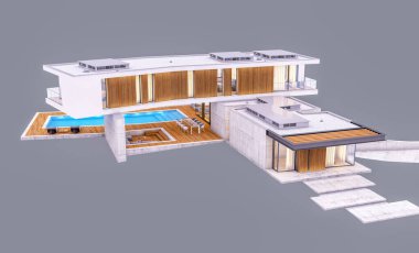 Pencereden rahat ışık ile akşam satılık veya kiralık garaj ve havuz ile tepede modern rahat evin 3d render. Gri üzerinde yalıtılmış