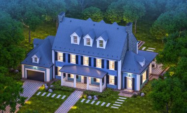 Arka planda güzel peyzajlı, garajı ve havuzu satılık ya da kirası olan koloni tarzında modern konforlu klasik evin 3D görüntüsü. Gökyüzünde bir sürü yıldızla berrak bir yaz gecesi.