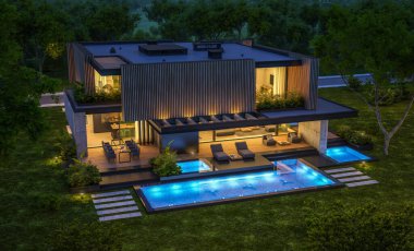 Park yeri ve havuzu satılık ya da kiralık, ahşap ön cepheli ve arka planda güzel peyzajlı modern konforlu bir ev. Gökyüzünde bir sürü yıldızla berrak bir yaz gecesi.