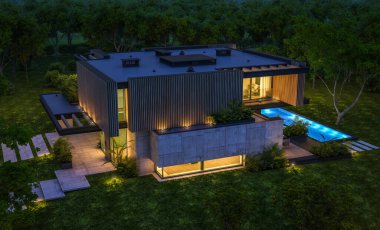 Park yeri ve havuzu satılık ya da kiralık, ahşap ön cepheli ve arka planda güzel peyzajlı modern konforlu bir ev. Gökyüzünde bir sürü yıldızla berrak bir yaz gecesi.