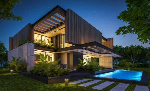 Park yeri ve havuzu satılık ya da kiralık, ahşap ön cepheli ve arka planda güzel peyzajlı modern konforlu bir ev. Gökyüzünde bir sürü yıldızla berrak bir yaz gecesi.