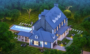 Arka planda güzel peyzajlı, garajı ve havuzu satılık ya da kirası olan koloni tarzında modern konforlu klasik evin 3D görüntüsü. Gökyüzünde bir sürü yıldızla berrak bir yaz gecesi.