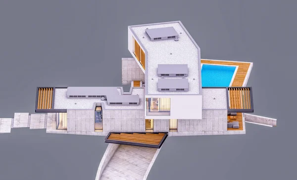 Rendering Von Modernen Gemütlichen Haus Auf Dem Hügel Mit Garage — Stockfoto