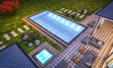 Arka planda güzel peyzajlı, garajı ve havuzu satılık ya da kirası olan koloni tarzında modern konforlu klasik evin 3D görüntüsü. Gökyüzünde bir sürü yıldızla berrak bir yaz gecesi.