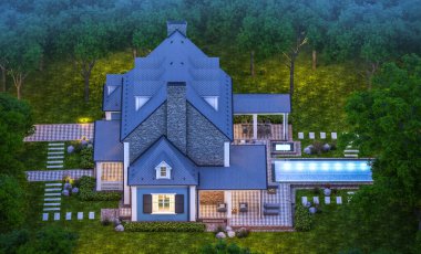 Arka planda güzel peyzajlı, garajı ve havuzu satılık ya da kirası olan koloni tarzında modern konforlu klasik evin 3D görüntüsü. Gökyüzünde bir sürü yıldızla berrak bir yaz gecesi.