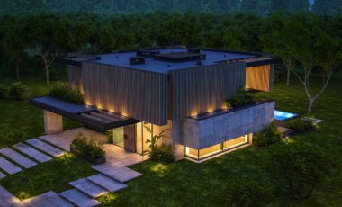 Park yeri ve havuzu satılık ya da kiralık, ahşap ön cepheli ve arka planda güzel peyzajlı modern konforlu bir ev. Gökyüzünde bir sürü yıldızla berrak bir yaz gecesi.
