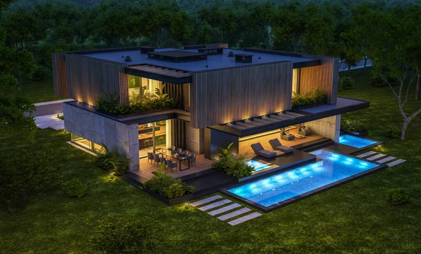 Park yeri ve havuzu satılık ya da kiralık, ahşap ön cepheli ve arka planda güzel peyzajlı modern konforlu bir ev. Gökyüzünde bir sürü yıldızla berrak bir yaz gecesi.