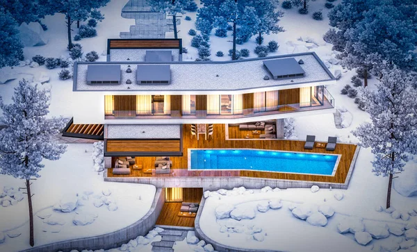 3d rendering of modern cozy clinker house on the ponds with garage and pool for sale or rent with beautiful landscaping on background. Cool winter night with warm cozy light inside.