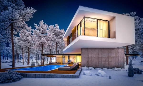 3d rendering of modern cozy house on the hill with garage and pool for sale or rent with beautiful landscaping on background. Cool winter night with cozy light inside.