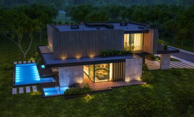 Park yeri ve havuzu satılık ya da kiralık, ahşap ön cepheli ve arka planda güzel peyzajlı modern konforlu bir ev. Gökyüzünde bir sürü yıldızla berrak bir yaz gecesi.