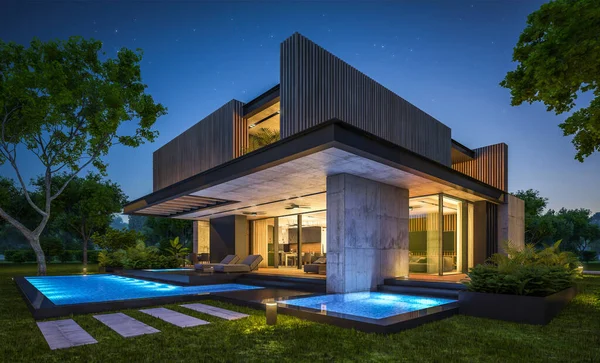 Renderização Moderna Casa Acolhedora Com Estacionamento Piscina Para Venda Aluguel — Fotografia de Stock