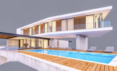 Pencereden rahat ışık ile akşam satılık veya kiralık garaj ve havuz ile tepede modern rahat evin 3d render. Gri üzerinde yalıtılmış