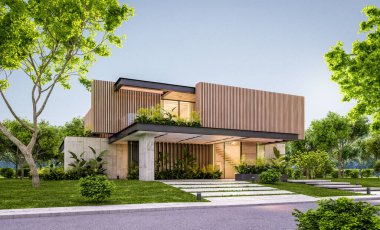 Park yeri ve havuzu satılık ya da kiralık, ahşap ön cepheli ve arka planda güzel peyzajlı modern konforlu bir ev. Pencerenin sıcacık ışıklarıyla berrak bir yaz akşamı.