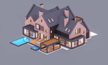 Garaj ve havuz satılık veya pencereden rahat ışık ile akşam kiralık havuzlarda modern rahat klinker evin 3d render. Gri üzerinde yalıtılmış
