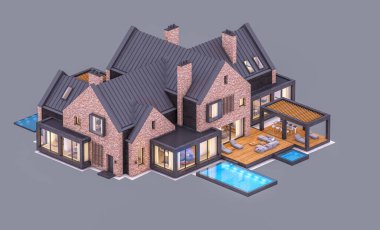Garaj ve havuz satılık veya pencereden rahat ışık ile akşam kiralık havuzlarda modern rahat klinker evin 3d render. Gri üzerinde yalıtılmış