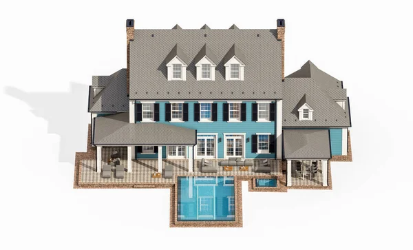 3D风格的现代舒适古典式住宅的渲染 带有车库和供出售或出租的游泳池 与白种人隔离 — 图库照片
