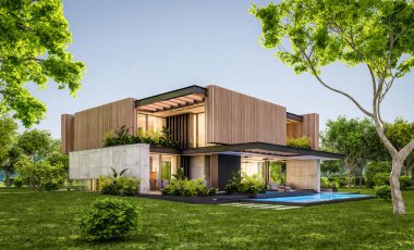 Park yeri ve havuzu satılık ya da kiralık, ahşap ön cepheli ve arka planda güzel peyzajlı modern konforlu bir ev. Pencerenin sıcacık ışıklarıyla berrak bir yaz akşamı.