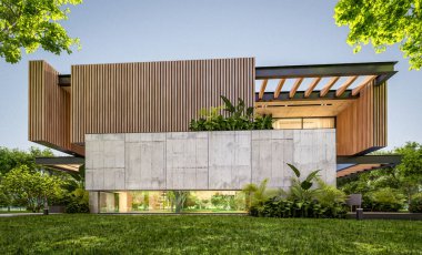 Park yeri ve havuzu satılık ya da kiralık, ahşap ön cepheli ve arka planda güzel peyzajlı modern konforlu bir ev. Pencerenin sıcacık ışıklarıyla berrak bir yaz akşamı.