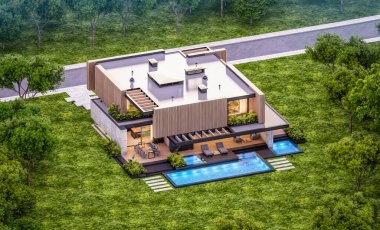 Park yeri ve havuzu satılık ya da kiralık, ahşap ön cepheli ve arka planda güzel peyzajlı modern konforlu bir ev. Pencerenin sıcacık ışıklarıyla berrak bir yaz akşamı.