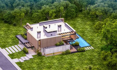 Park yeri ve havuzu satılık ya da kiralık, ahşap ön cepheli ve arka planda güzel peyzajlı modern konforlu bir ev. Pencerenin sıcacık ışıklarıyla berrak bir yaz akşamı.