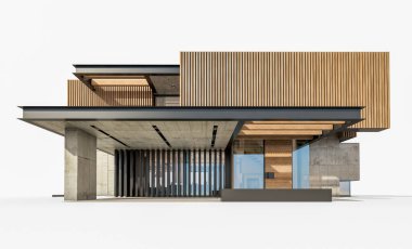 Park yeri ve havuzu satılık ya da ahşap kaplamalı modern konforlu ev. Beyazda izole edilmiş