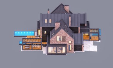 Garaj ve havuz satılık veya pencereden rahat ışık ile akşam kiralık havuzlarda modern rahat klinker evin 3d render. Gri üzerinde yalıtılmış
