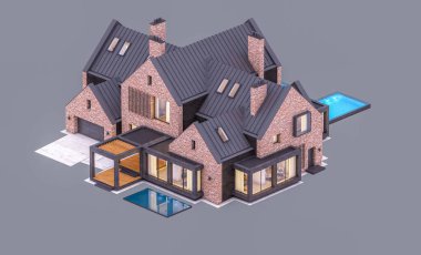 Garaj ve havuz satılık veya pencereden rahat ışık ile akşam kiralık havuzlarda modern rahat klinker evin 3d render. Gri üzerinde yalıtılmış