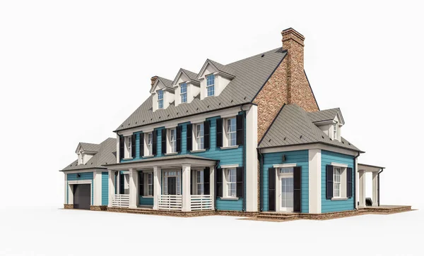 3D风格的现代舒适古典式住宅的渲染 带有车库和供出售或出租的游泳池 与白种人隔离 — 图库照片