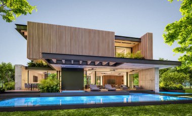 Park yeri ve havuzu satılık ya da kiralık, ahşap ön cepheli ve arka planda güzel peyzajlı modern konforlu bir ev. Pencerenin sıcacık ışıklarıyla berrak bir yaz akşamı.