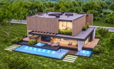 Park yeri ve havuzu satılık ya da kiralık, ahşap ön cepheli ve arka planda güzel peyzajlı modern konforlu bir ev. Pencerenin sıcacık ışıklarıyla berrak bir yaz akşamı.
