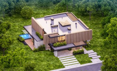 Park yeri ve havuzu satılık ya da kiralık, ahşap ön cepheli ve arka planda güzel peyzajlı modern konforlu bir ev. Pencerenin sıcacık ışıklarıyla berrak bir yaz akşamı.