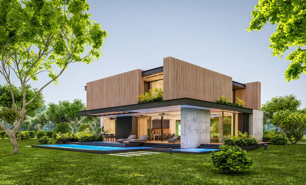 Трехмерный рендеринг современного уютного дома с парковкой и бассейном на продажу или в аренду с деревянным фасадом и красивым ландшафтным дизайном на заднем плане. Ясный летний вечер с уютным светом из окна
.