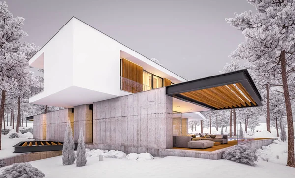 3d rendering of modern cozy house on the hill with garage and pool for sale or rent with beautiful landscaping on background. Cool winter evening with cozy light inside.