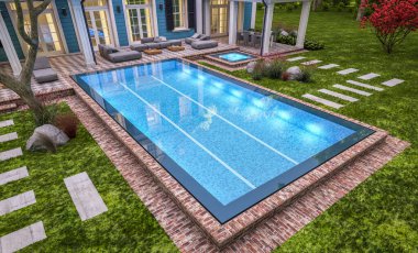 Arka planda güzel peyzajlı, garajı ve havuzu satılık ya da kirası olan koloni tarzında modern konforlu klasik evin 3D görüntüsü. Pencerenin sıcacık ışıklarıyla berrak bir yaz akşamı