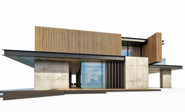 Park yeri ve havuzu satılık ya da ahşap kaplamalı modern konforlu ev. Beyazda izole edilmiş