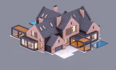 Garaj ve havuz satılık veya pencereden rahat ışık ile akşam kiralık havuzlarda modern rahat klinker evin 3d render. Gri üzerinde yalıtılmış