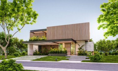 Park yeri ve havuzu satılık ya da kiralık, ahşap ön cepheli ve arka planda güzel peyzajlı modern konforlu bir ev. Pencerenin sıcacık ışıklarıyla berrak bir yaz akşamı.