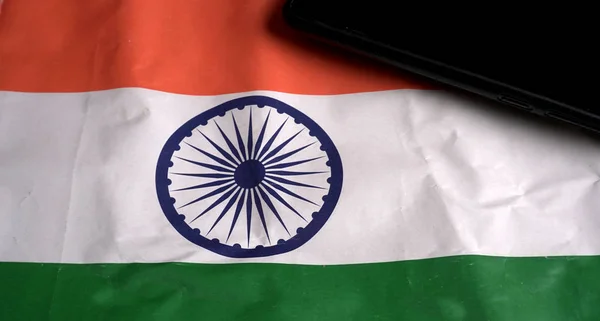 Mobiltelefon Indiska Flaggan Begreppet Indiska Självständighetsdagen Och Republikens Dag Plats — Stockfoto