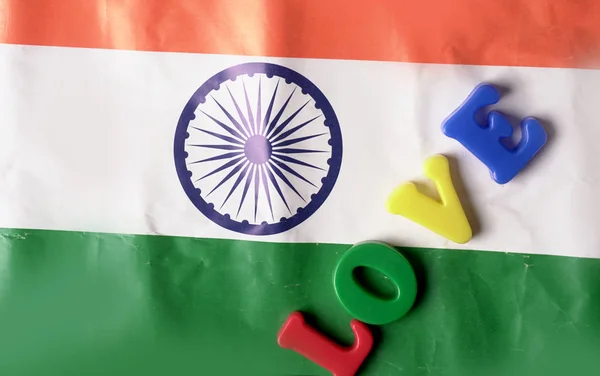 Tricolor Flagga India Med Kärlek Text Begreppet Republik Dag Och — Stockfoto